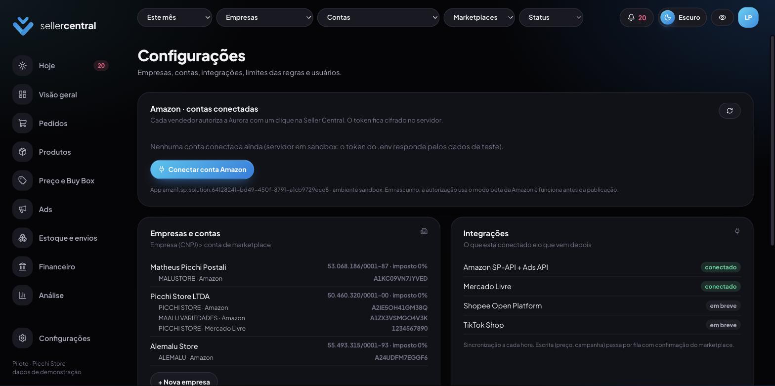 Tela Multi-tudo da sellercentral